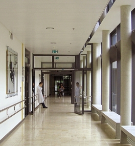 doctor in vast hospital corridor